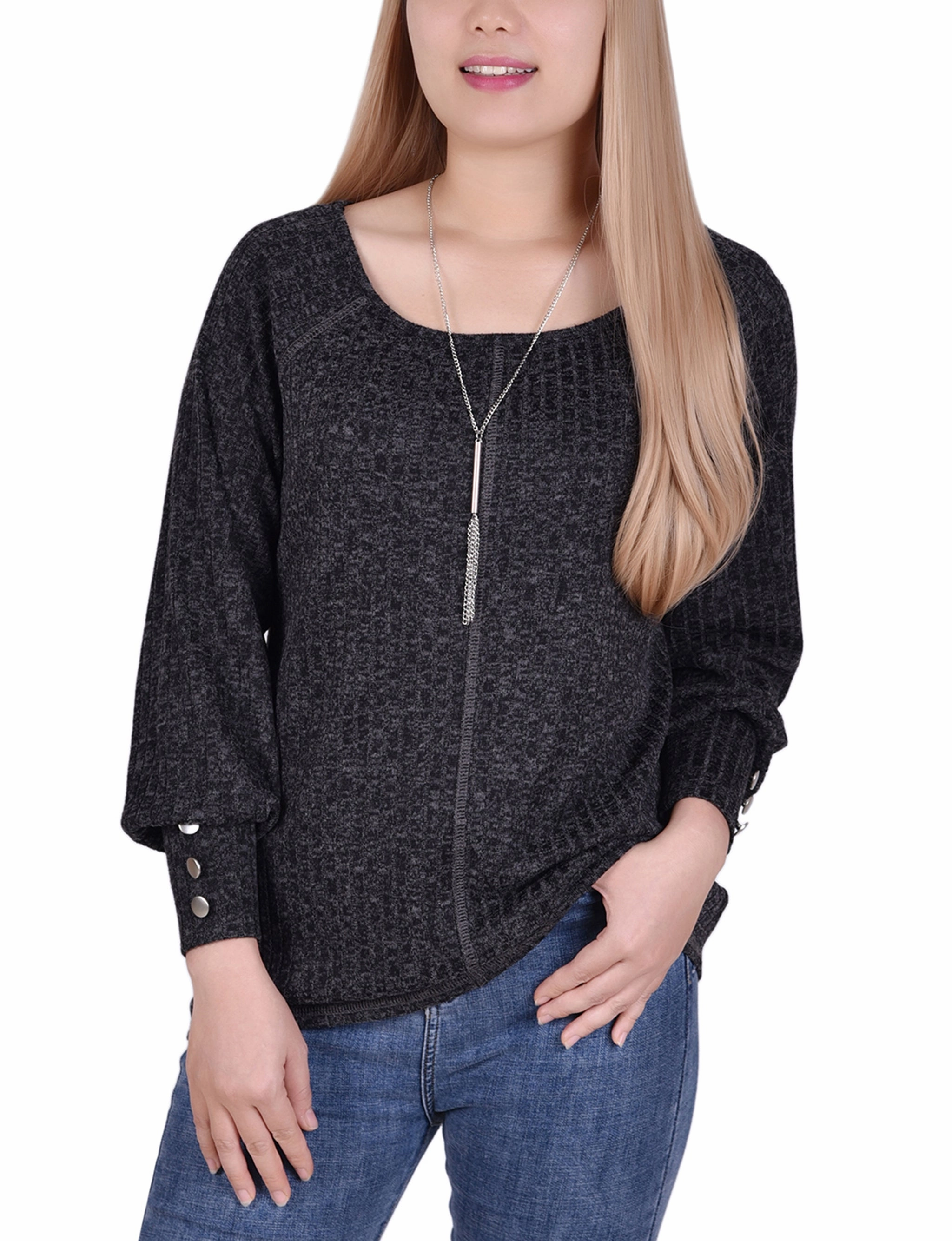 Reversible design Stretch Knit Material Petite Long Sleeve Ribbed Top With Detachable Necklace