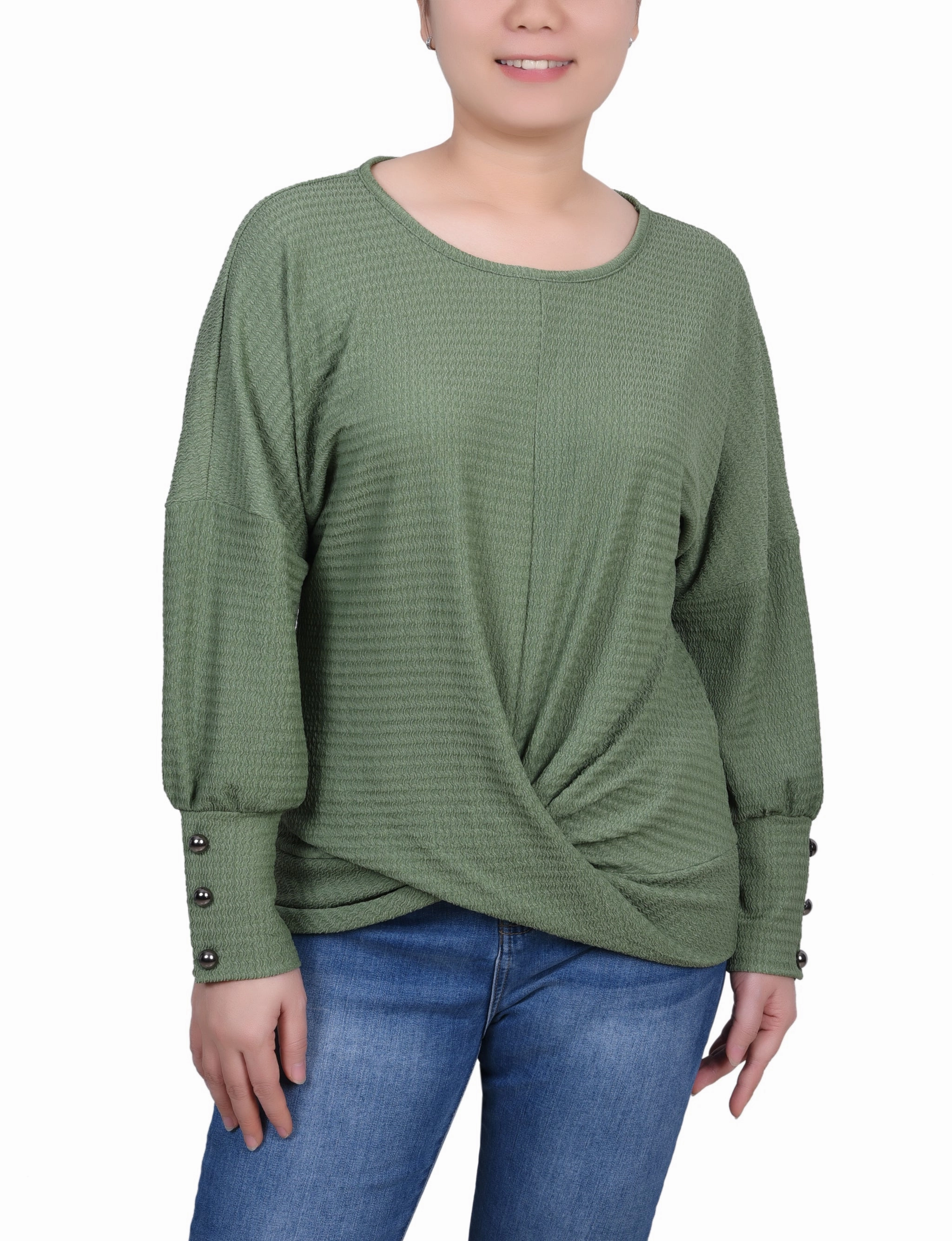 Petite Long Sleeve Textured Knit Top Thermal Regulating Design