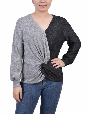 Petite Long Sleeve Twist Front Colorblocked Top Slim Silhouette CompressionFit