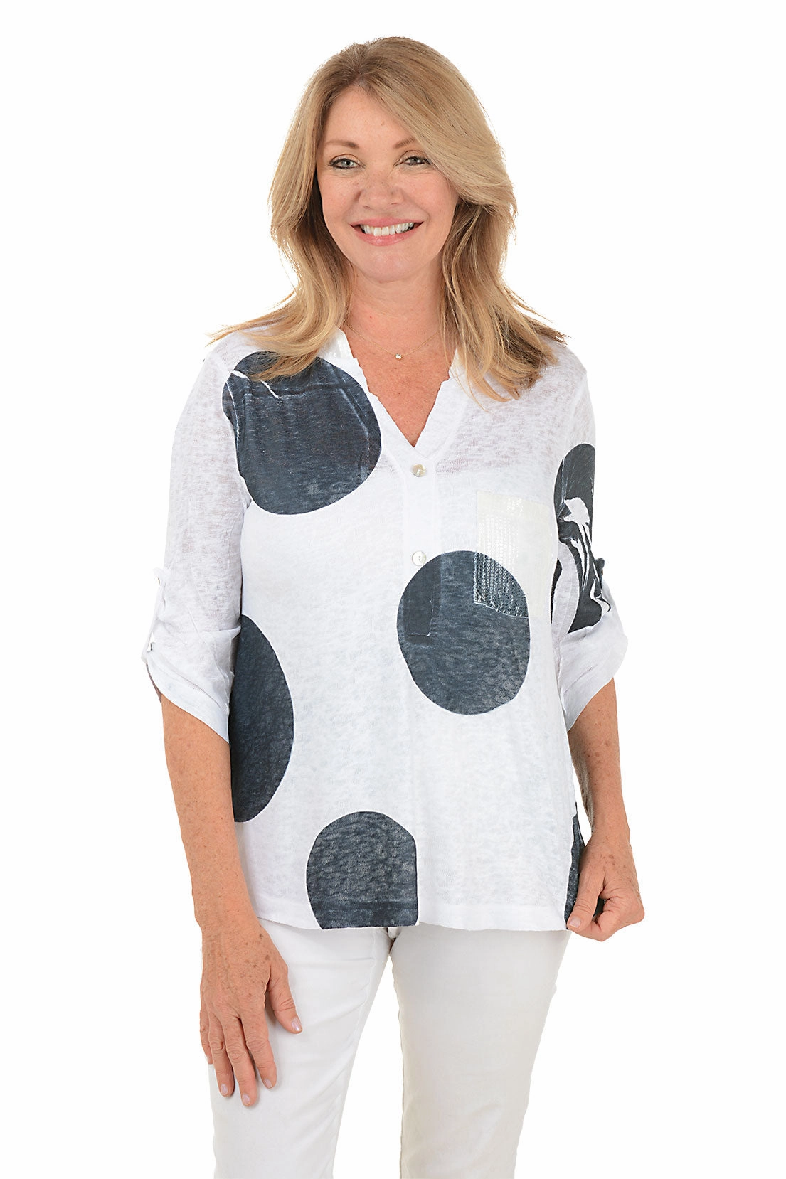 Petite Polka Dots Roll Sleeve Top Printed Hoodie StainRepellentCoating