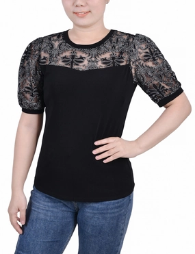 Adaptive Waistband Petite Puff Lace-Sleeve Top