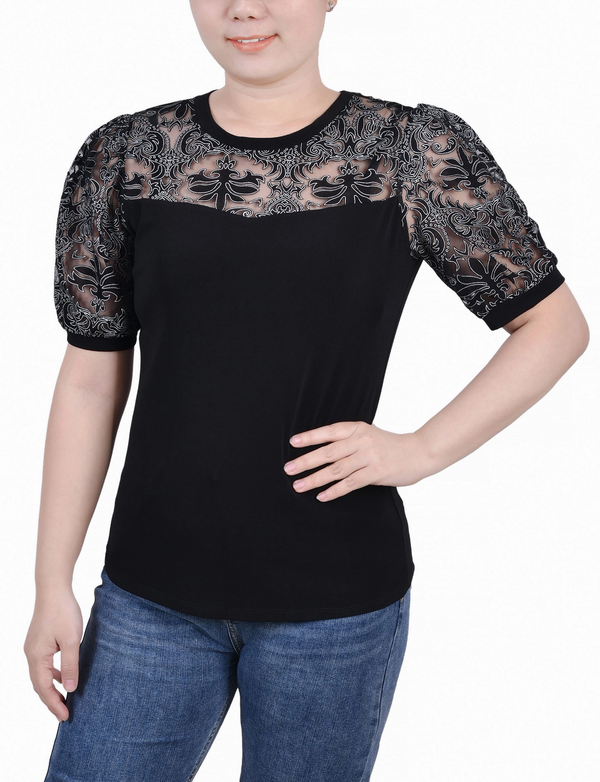 Petite Puff Lace-Sleeve Top Tagless Collar