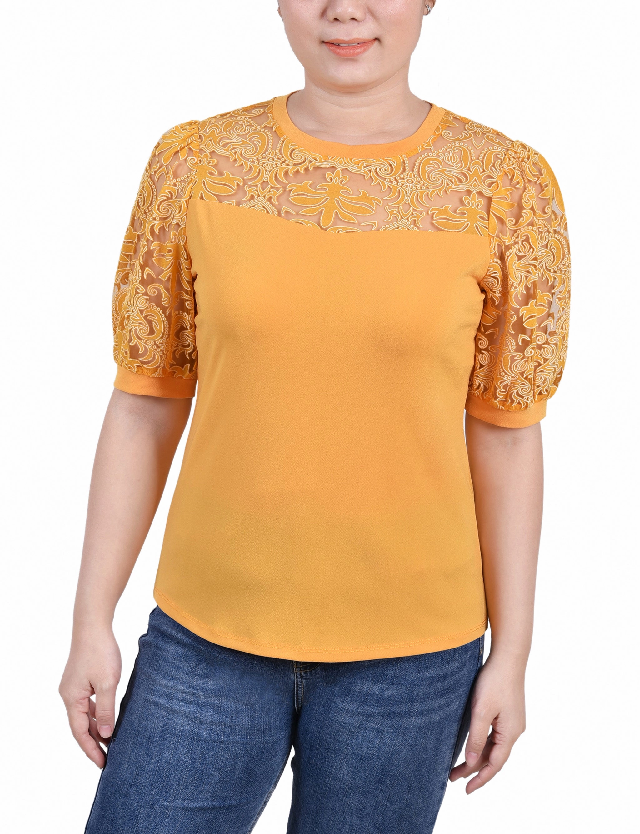 Petite Puff Lace-Sleeve Top AdjustableHemCuffs Lightweight insulation