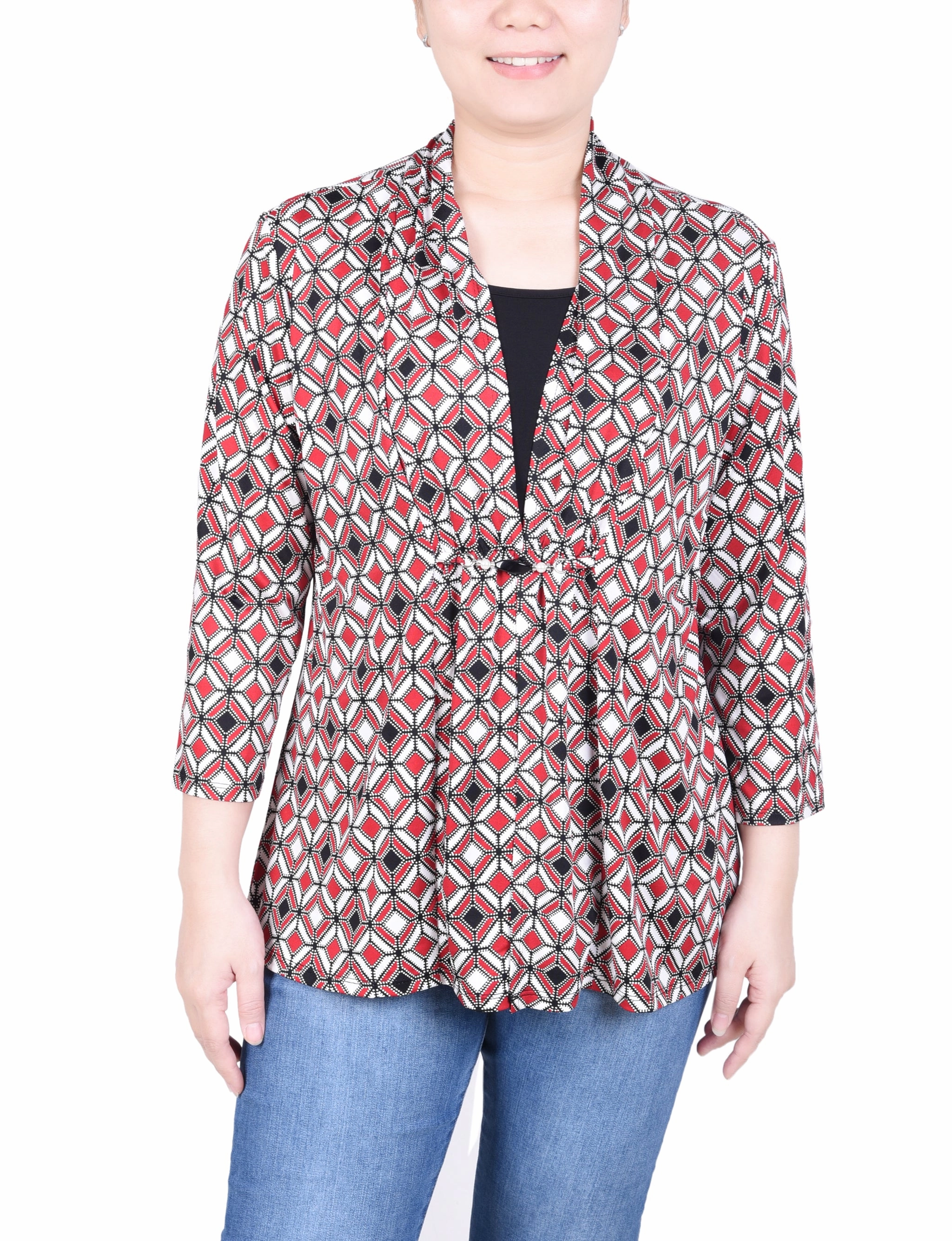 Petite Puff Print 3/4 Sleeve Two-Fer Top DurableCollarStays
