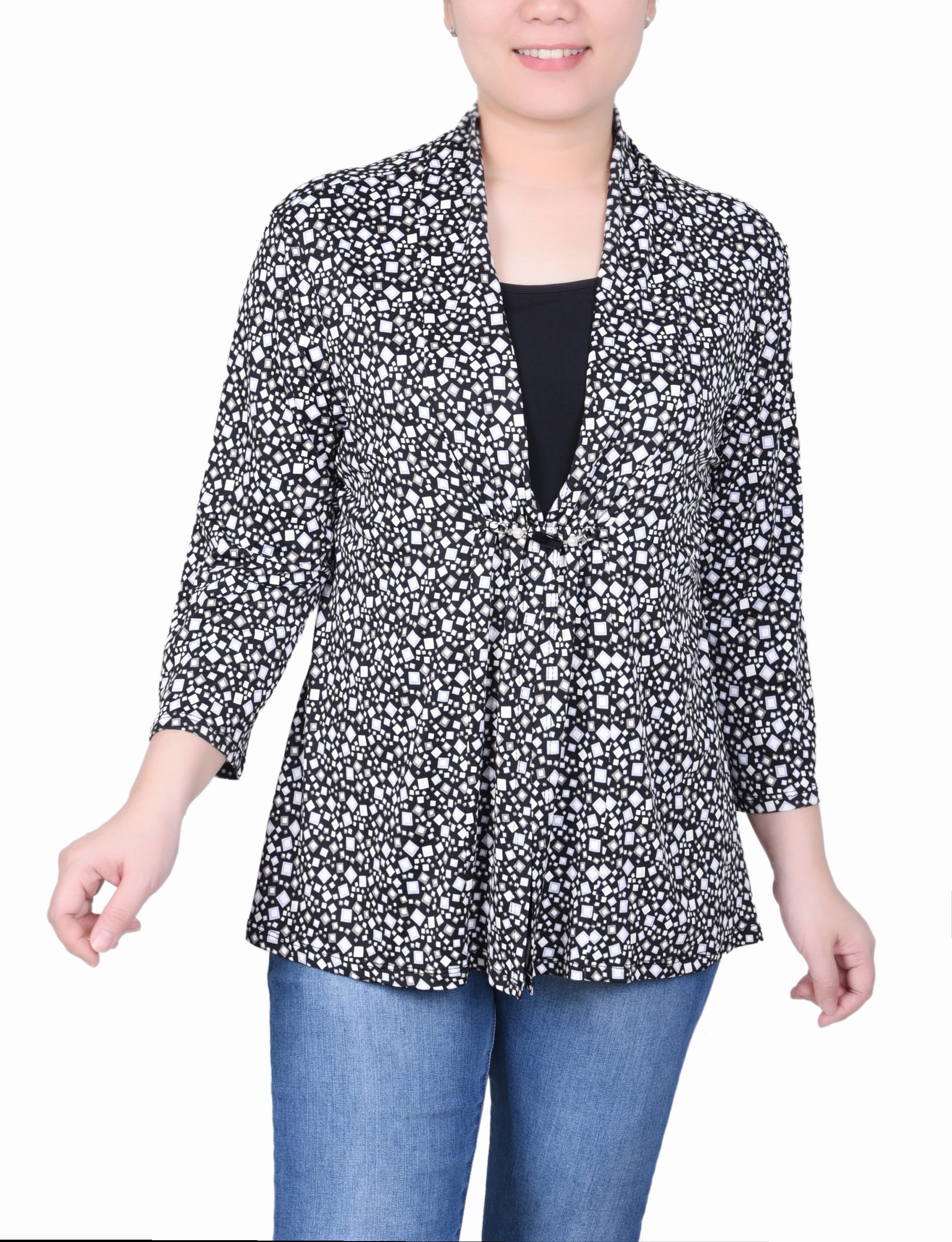 Petite Puff Print 3/4 Sleeve Two-Fer Top AdjustableHem SeamlessKnitConstruction