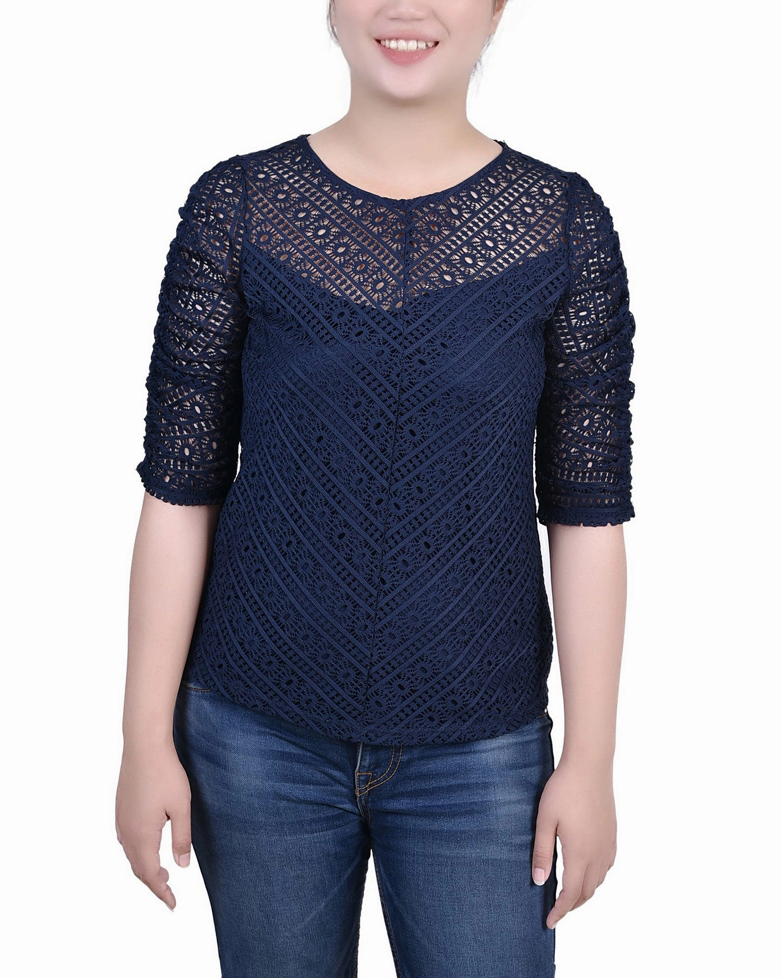 Petite Rouched Sleeve Lace Top RibbedHemline QuickDry Technology