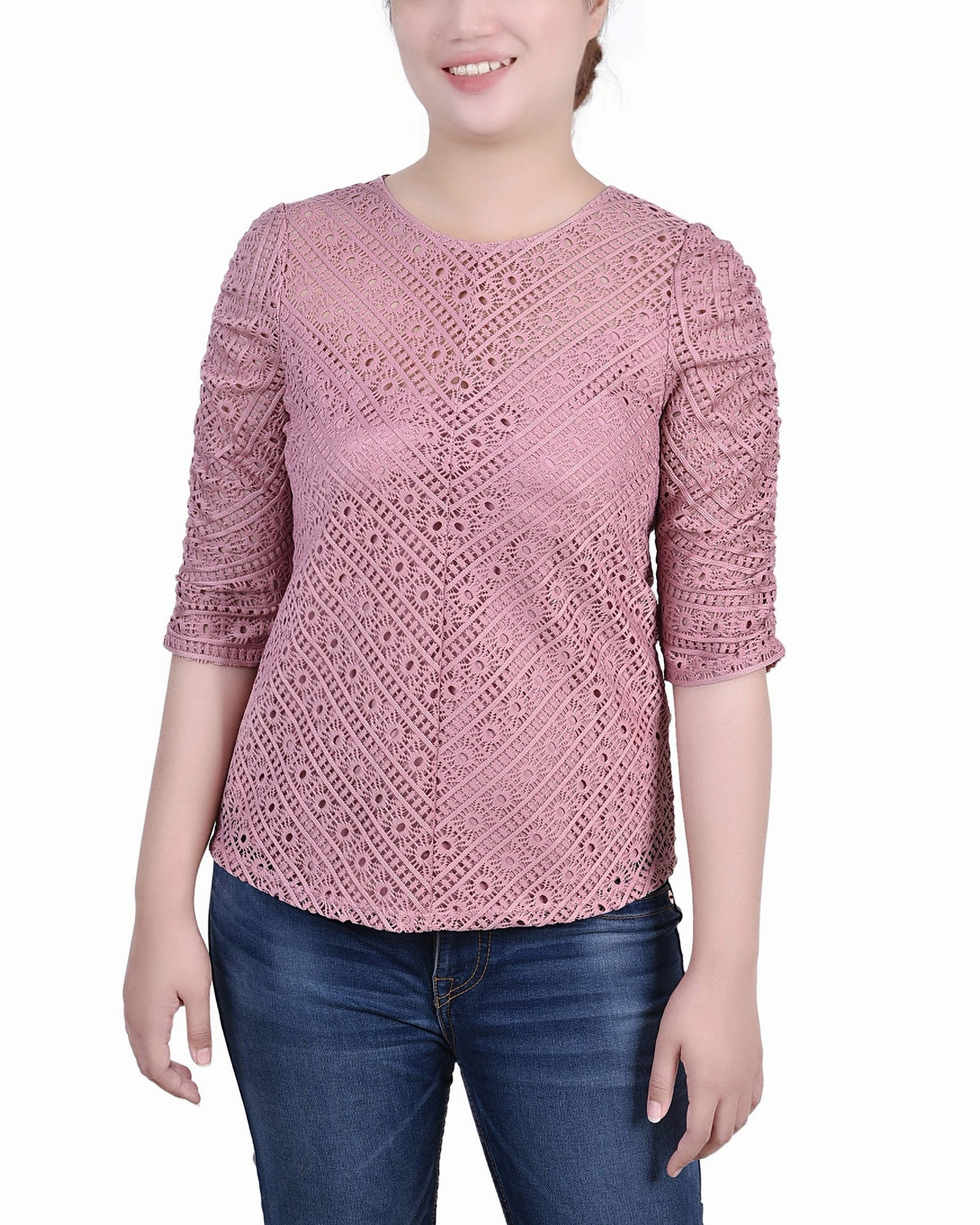 Petite Rouched Sleeve Lace Top ShockAbsorbing