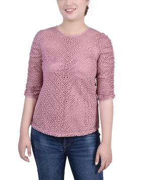 Petite Rouched Sleeve Lace Top Circular Knit Technique