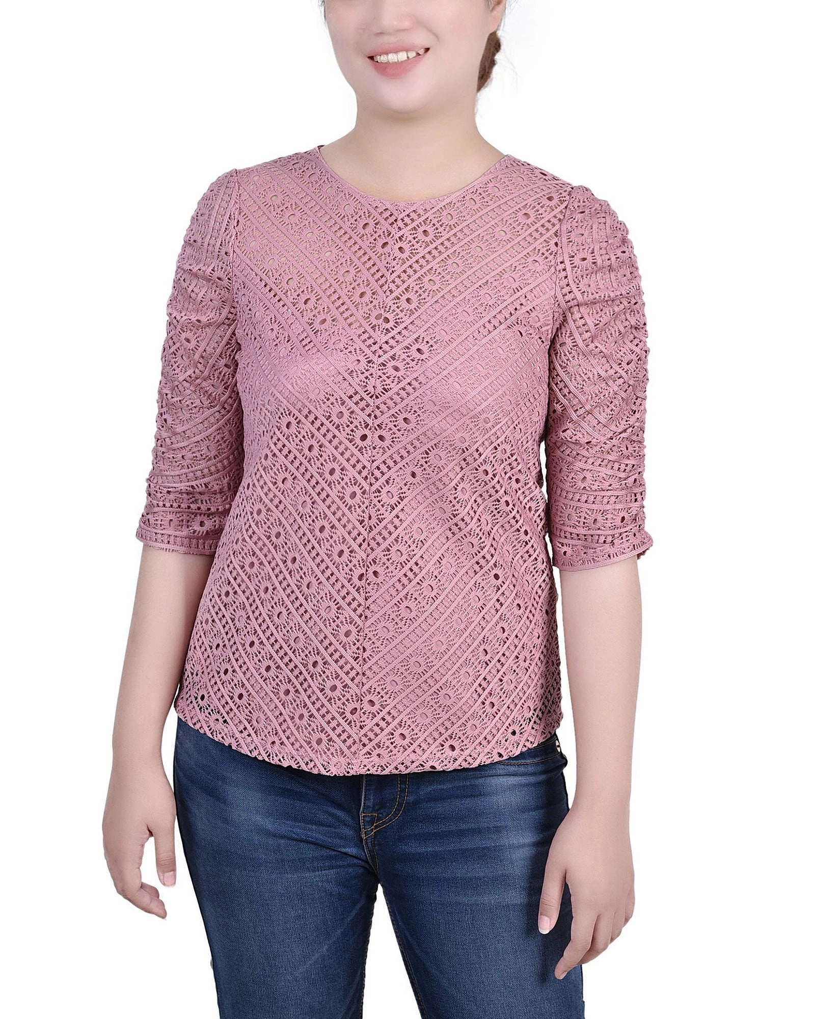 Petite Rouched Sleeve Lace Top AbrasionResistant Fabric