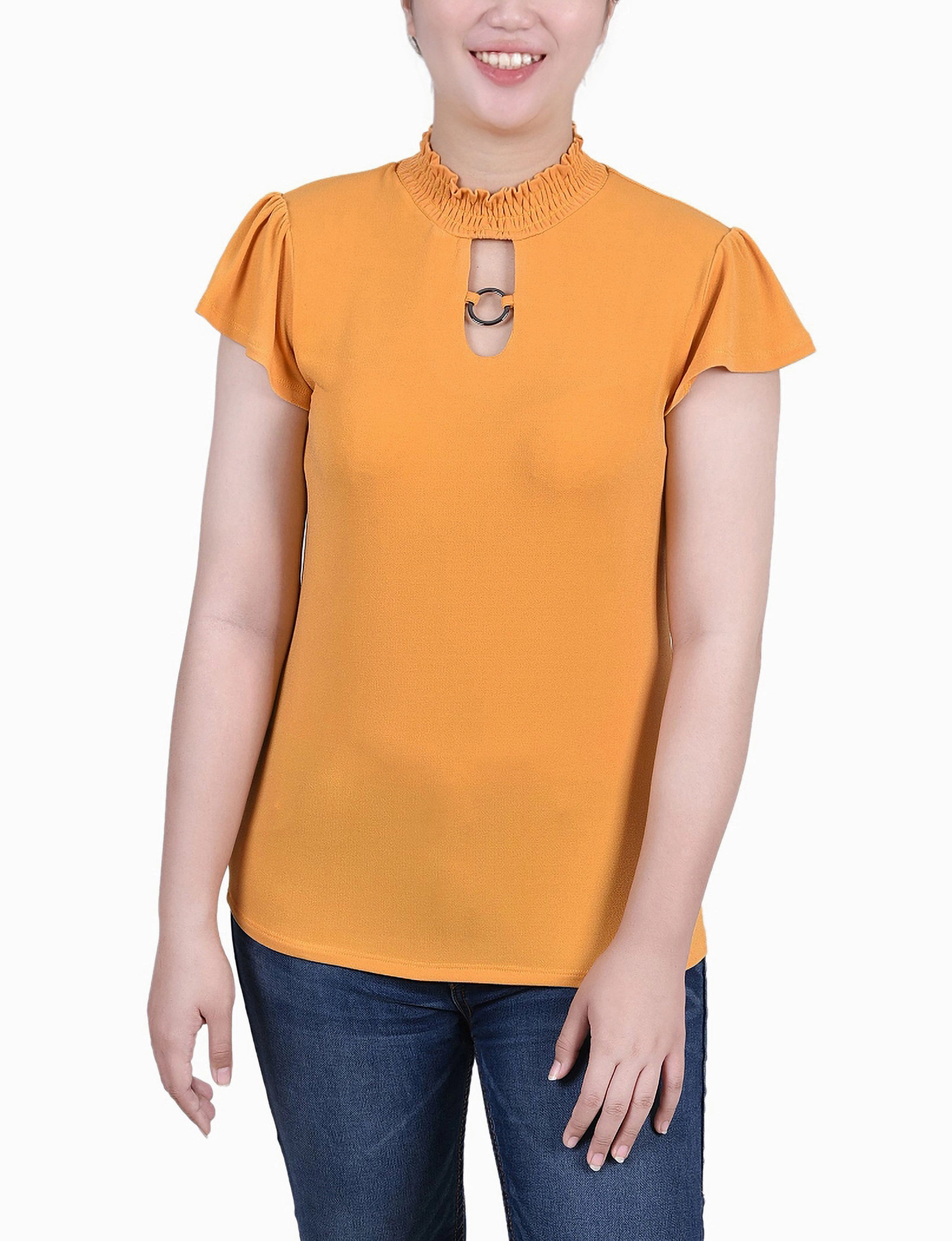 Durable Blend Recycled Polyester Petite Short Flutter Sleeve Mock Neck Top
