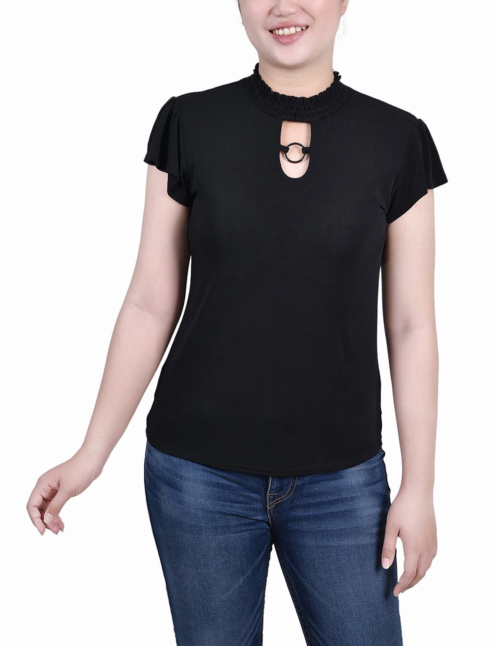 ThermalLining anti static coating Petite Short Flutter Sleeve Mock Neck Top