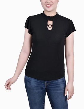 DoubleStitched Construction Petite Short Flutter Sleeve Mock Neck Top