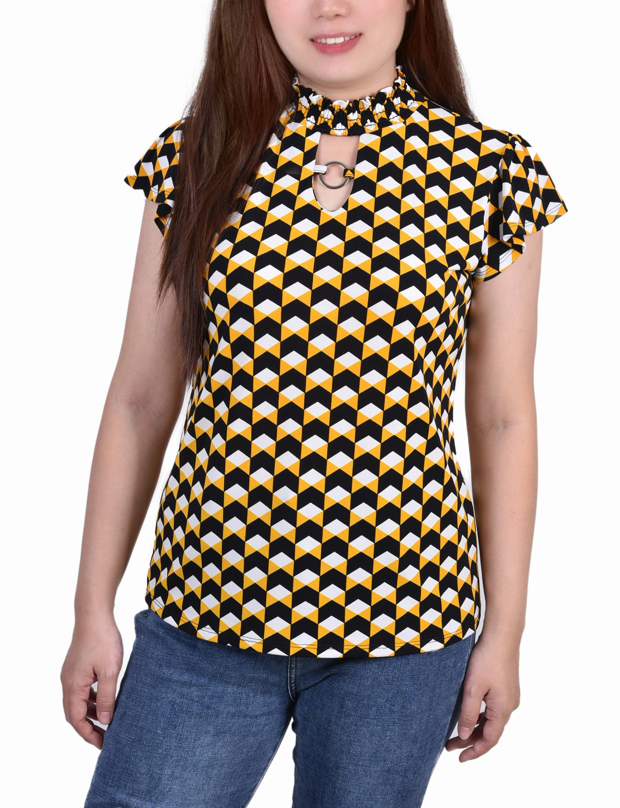 Petite Short Flutter Sleeve Mock Neck Top UVProtection