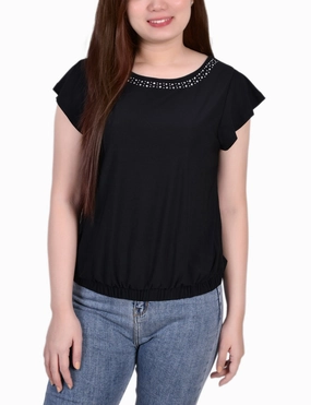 Petite Short Flutter Sleeve Top With Studded Neckline MoistureManagementSystem Sporty Blouse