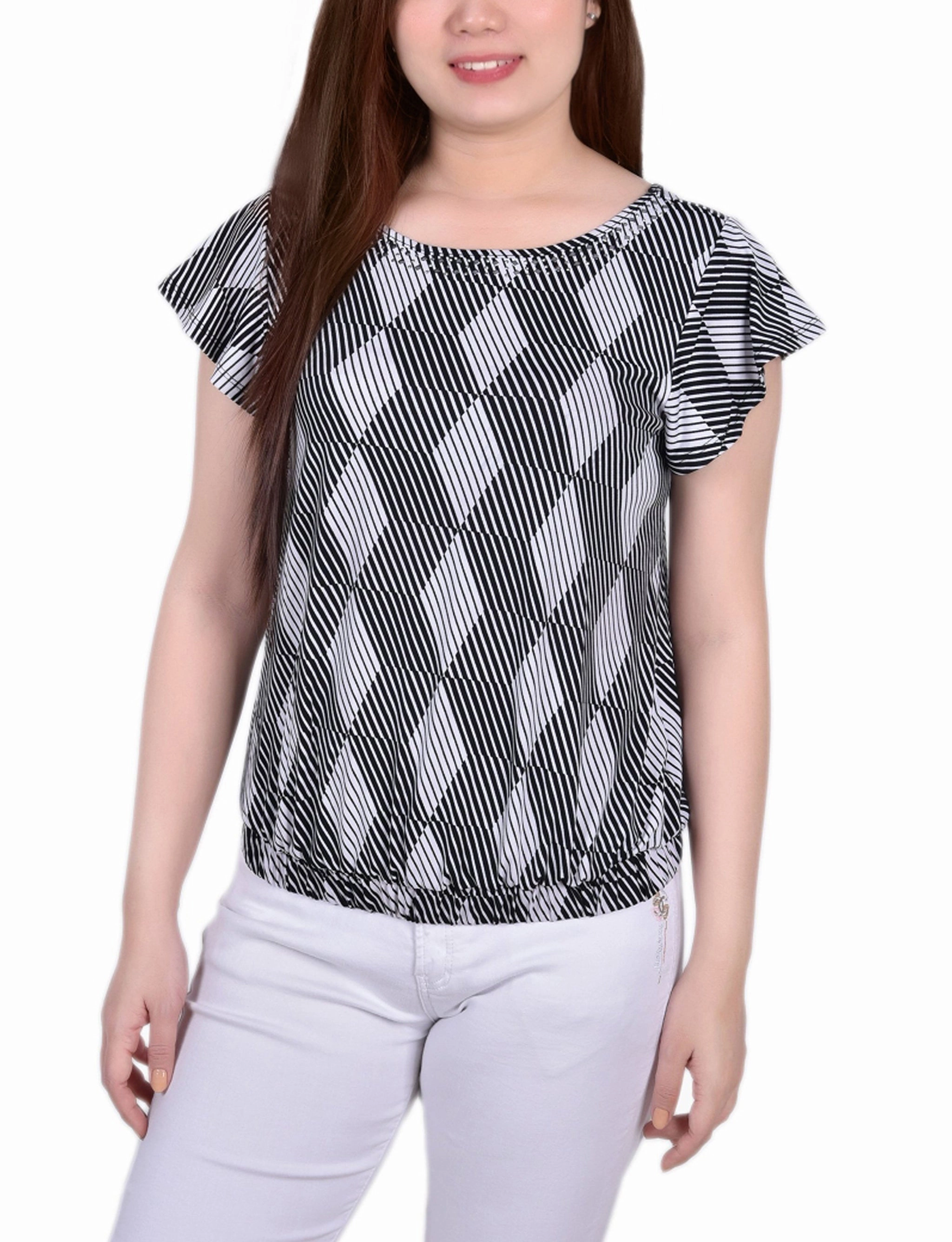 Petite Short Flutter Sleeve Top With Studded Neckline Button Down Collar NonChafe Tag Placement