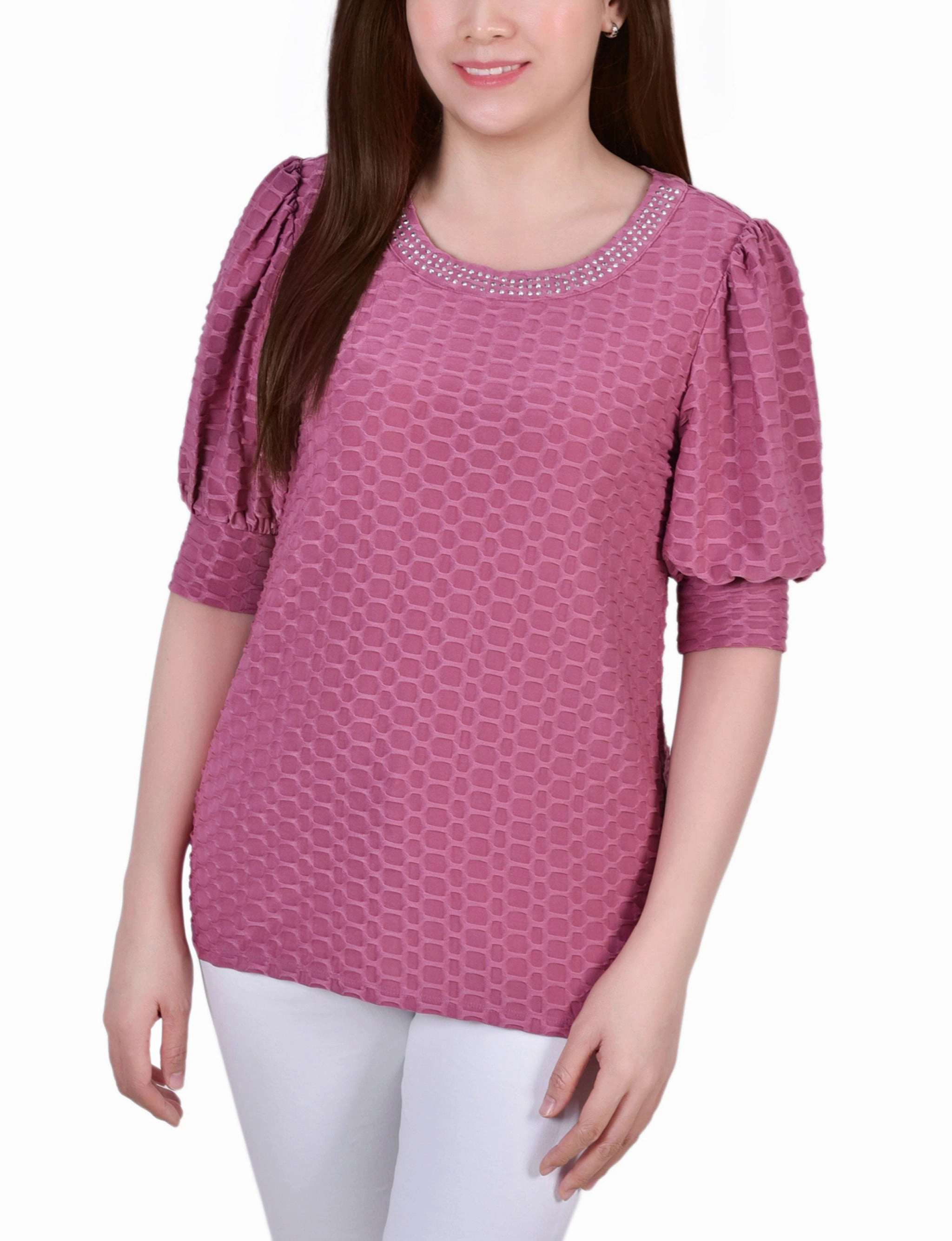 Petite Short Puff Sleeve Honeycomb Top Durable Hem Stitching