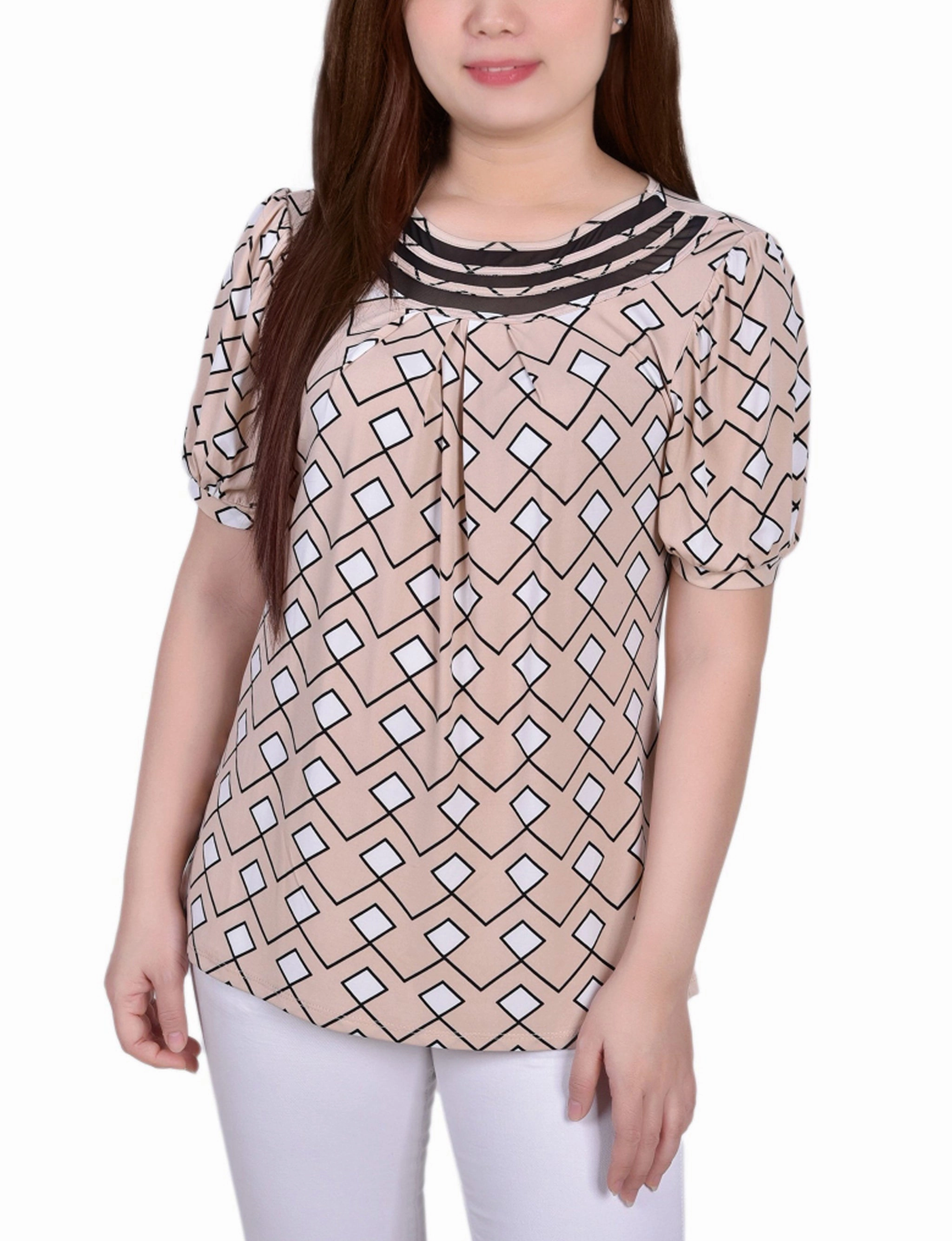 Petite Short Puff Sleeve Mesh Inset Top Sweat Absorbing Lining
