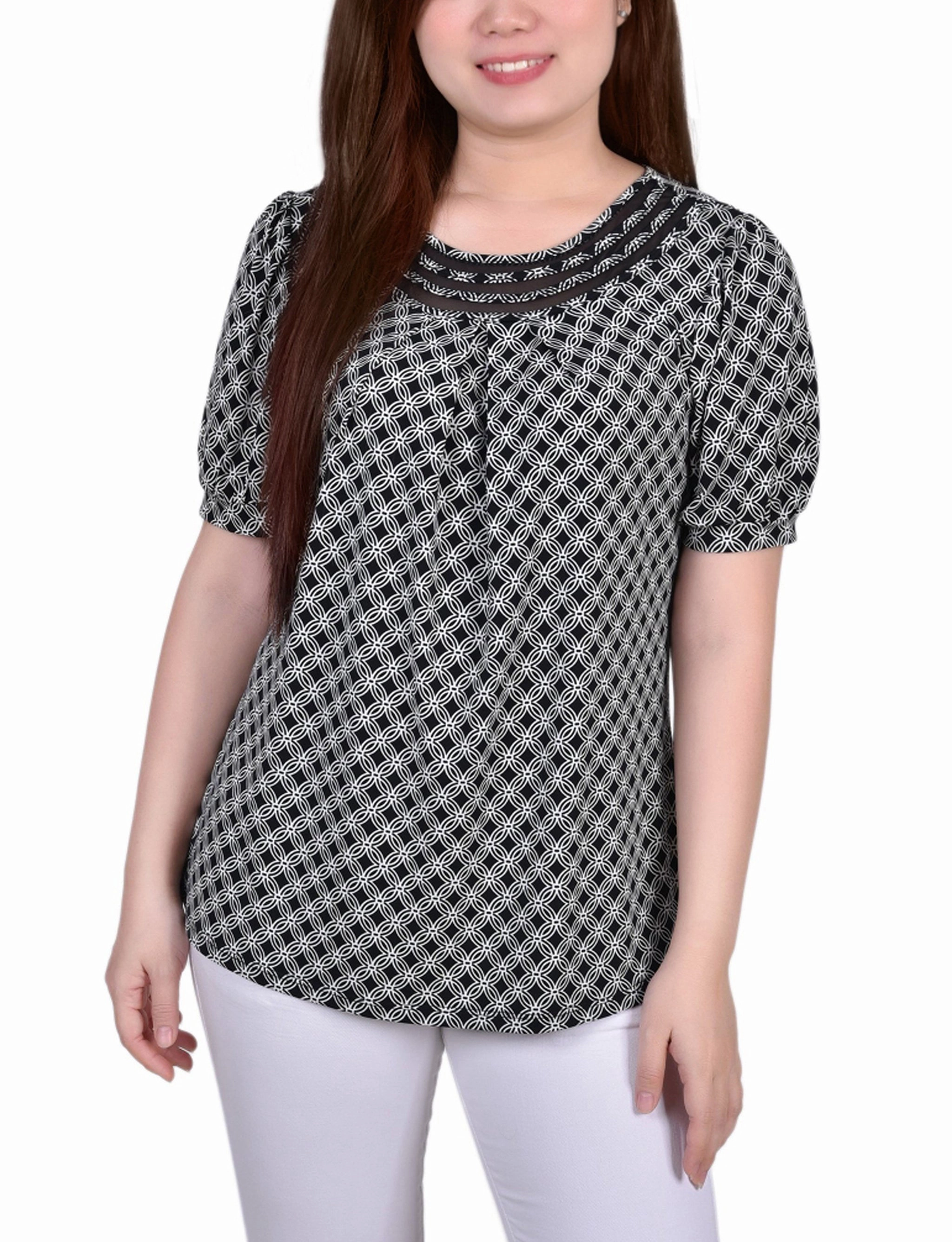 Petite Short Puff Sleeve Mesh Inset Top PocketDetails