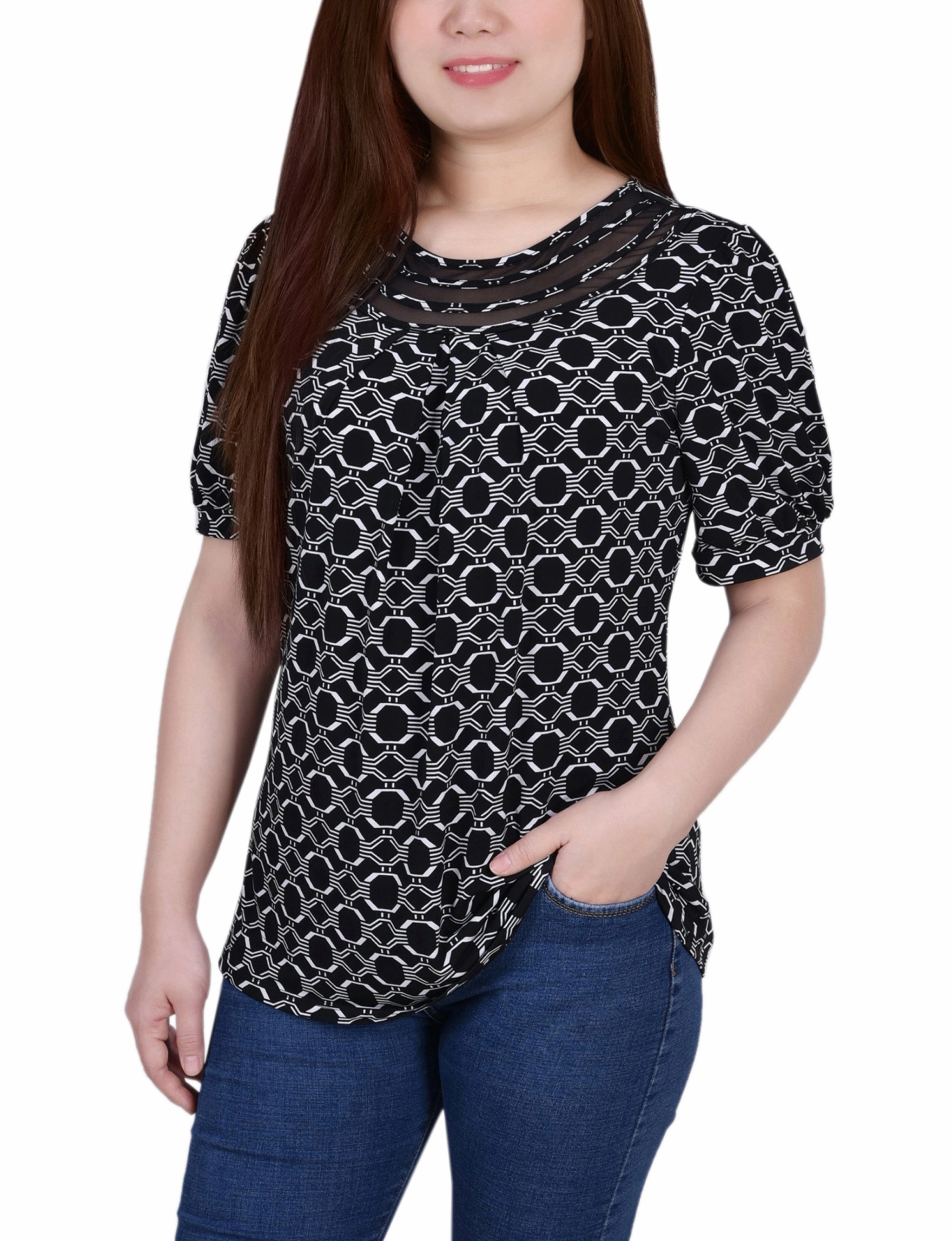 Breathable Underarm Gussets AntiPillingFinish Petite Short Puff Sleeve Sheer Inset Top