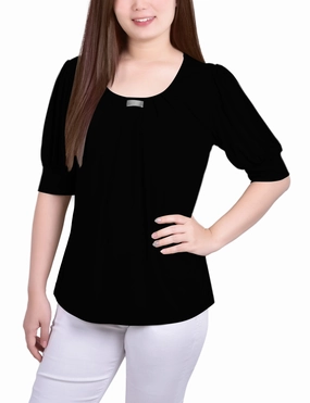 Slim Fit Design Grid Back Panel Petite Short Puff Sleeve Sheer Inset Top