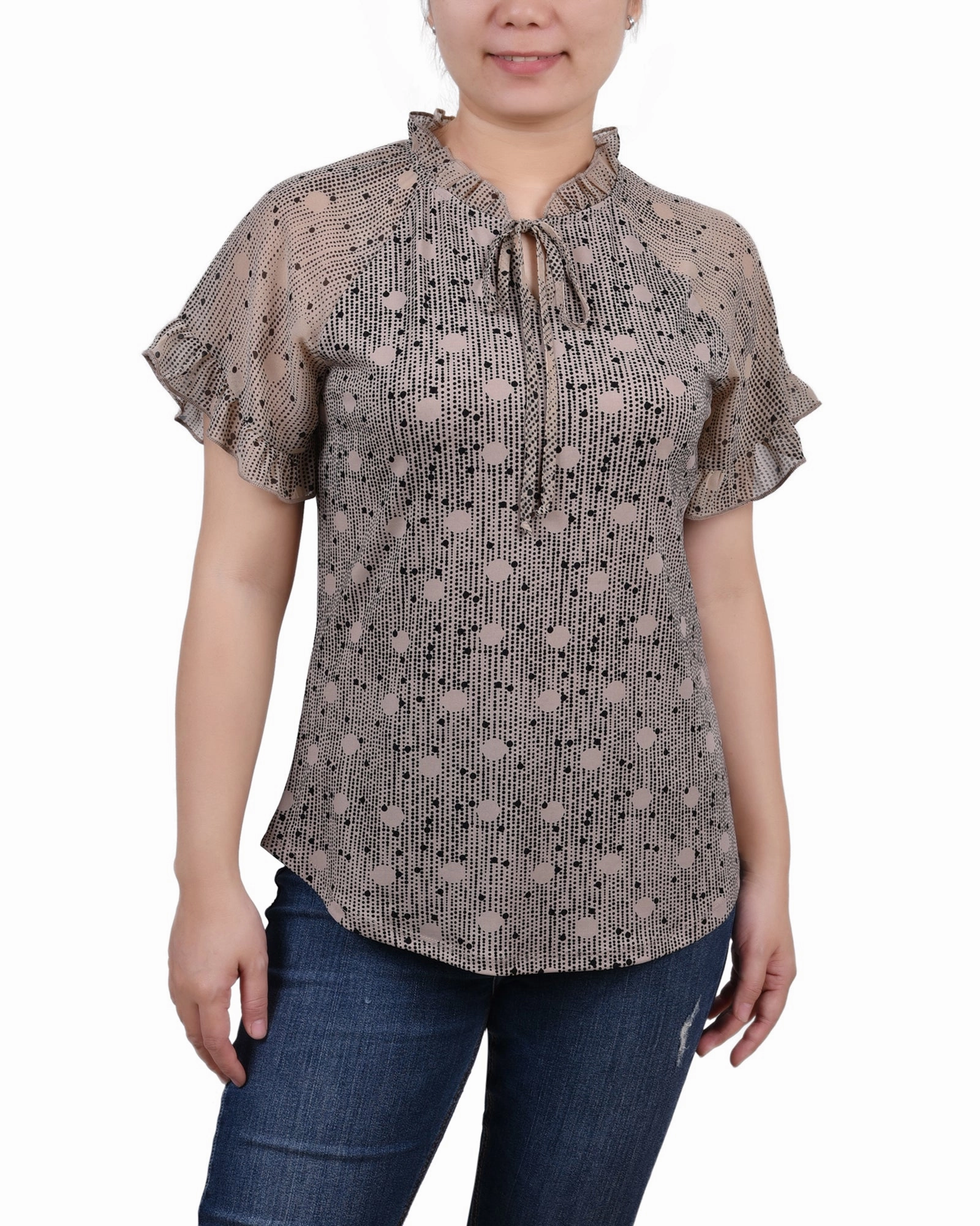 Winter Hoodie Anti Pilling Petite Short Ruffled Sleeve Crepe Knit Top With Chiffon Sleeves