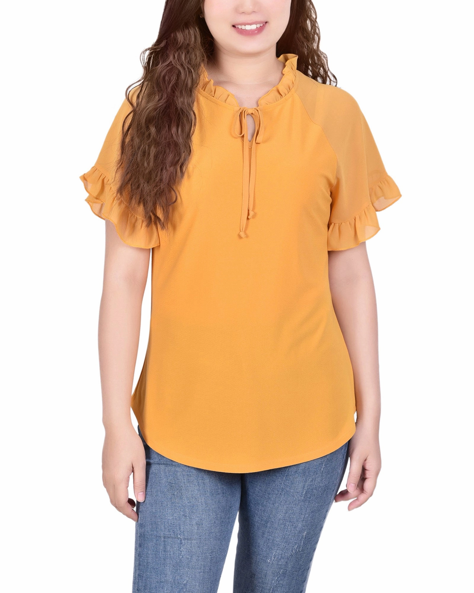 Eco Dye Process Petite Short Ruffled Sleeve Crepe Knit Top With Chiffon Sleeves