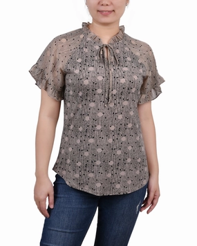 Petite Short Ruffled Sleeve Crepe Knit Top With Chiffon Sleeves EasyCareFabric