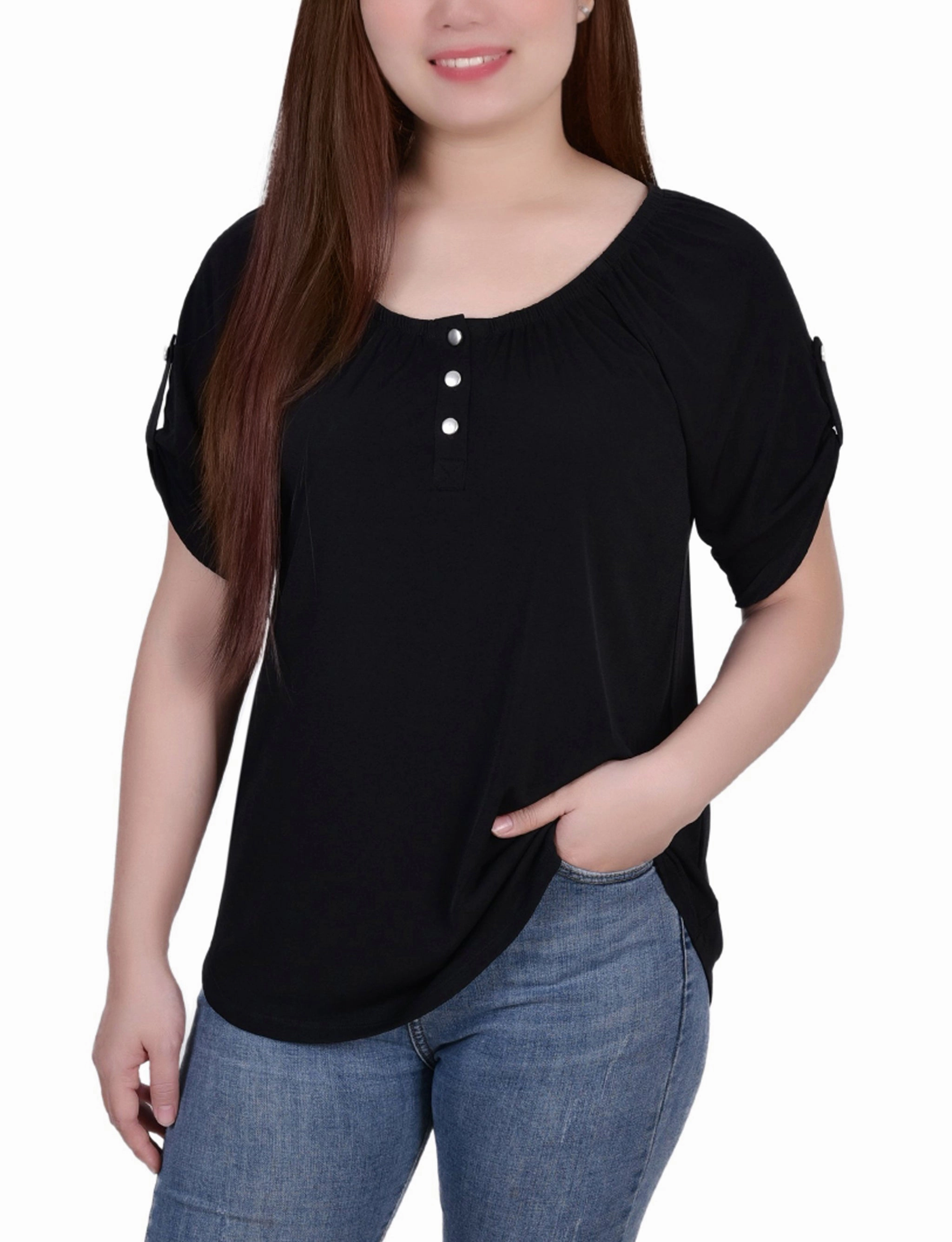 Petite Short Sleeve Round Neck Henley Top Lightweight Jacket YarnBlend