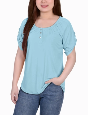 Petite Short Sleeve Round Neck Henley Top Vintage Pullover Layered Ventilation Zones