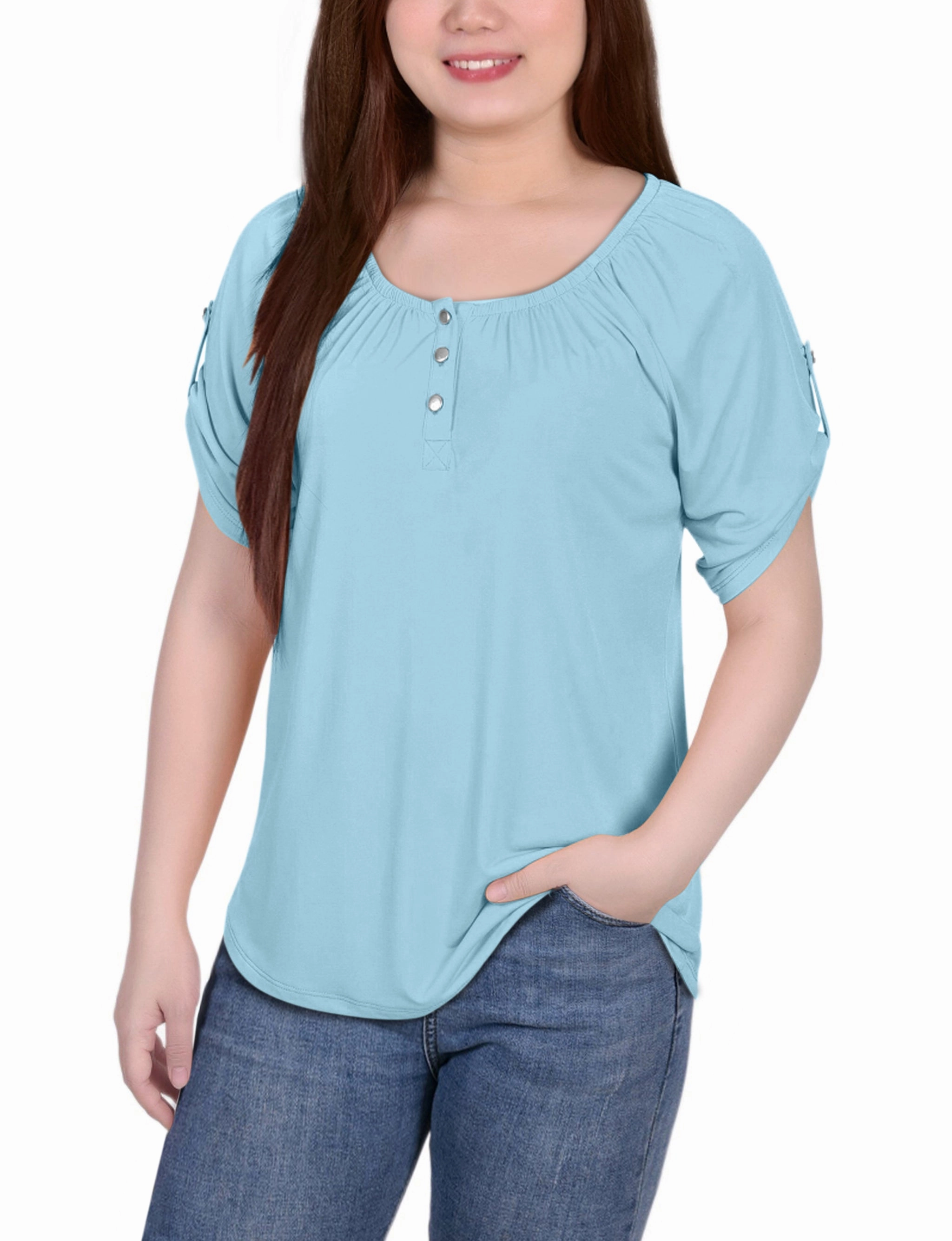 Petite Short Sleeve Round Neck Henley Top HighElasticity