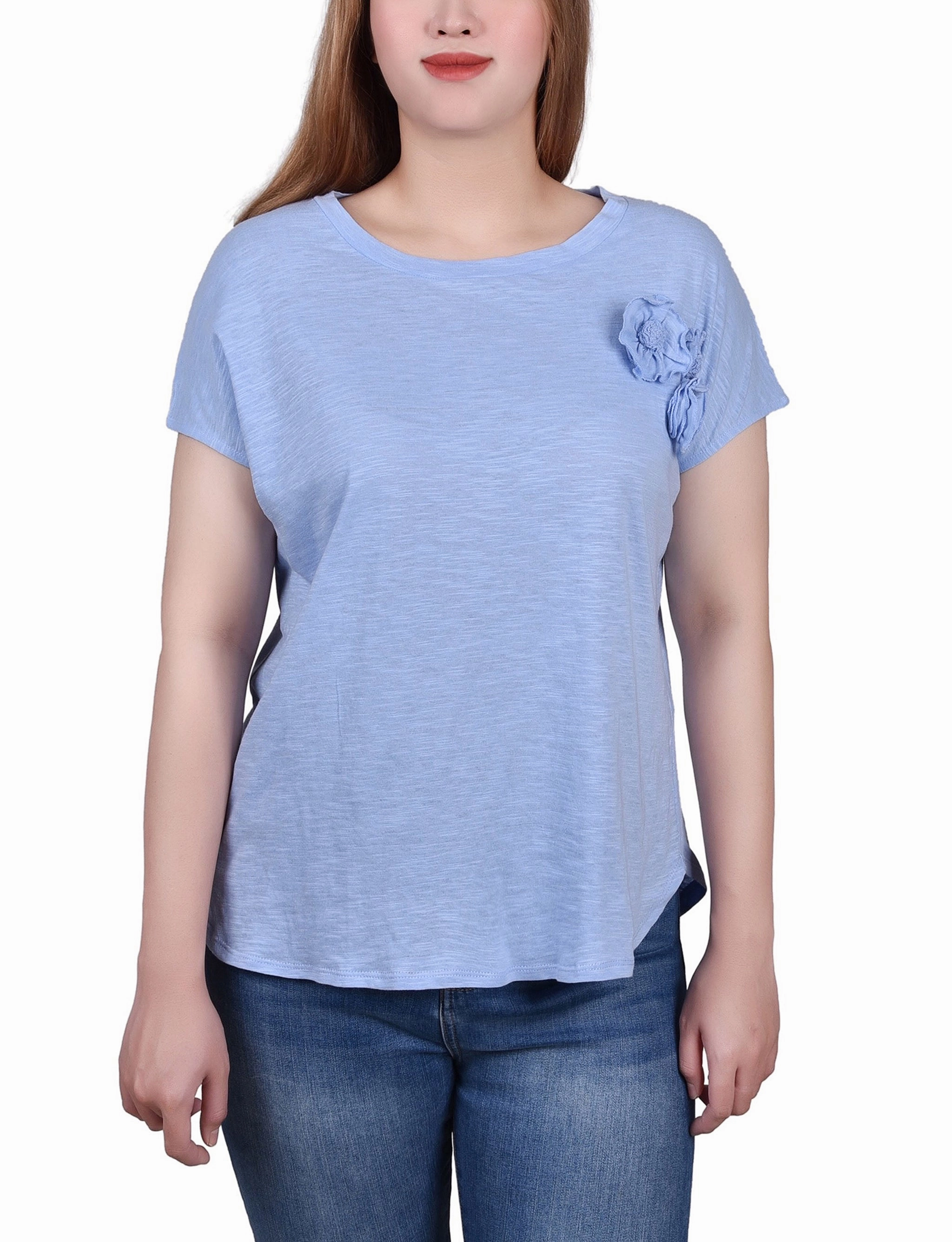 Petite Short Sleeve Slub Knit Top Hidden Zipper