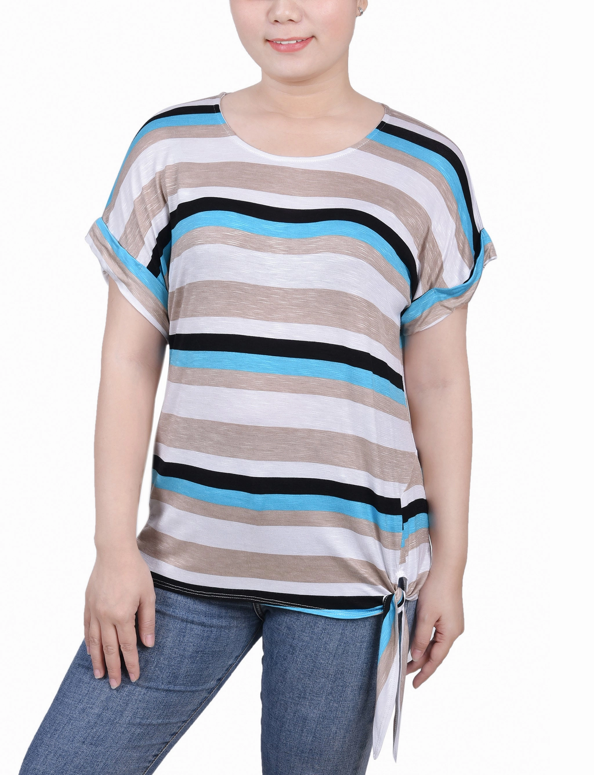 DurableDoubleLayeredHem Adjustable Collar System Petite Short Sleeve Tie Front Top