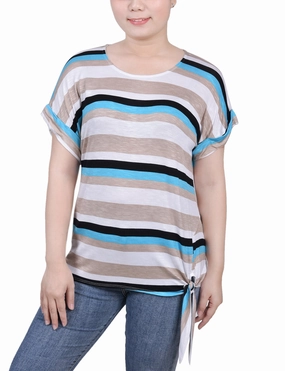 Flexible Waistband Fade Resistant Treatment Petite Short Sleeve Tie Front Top