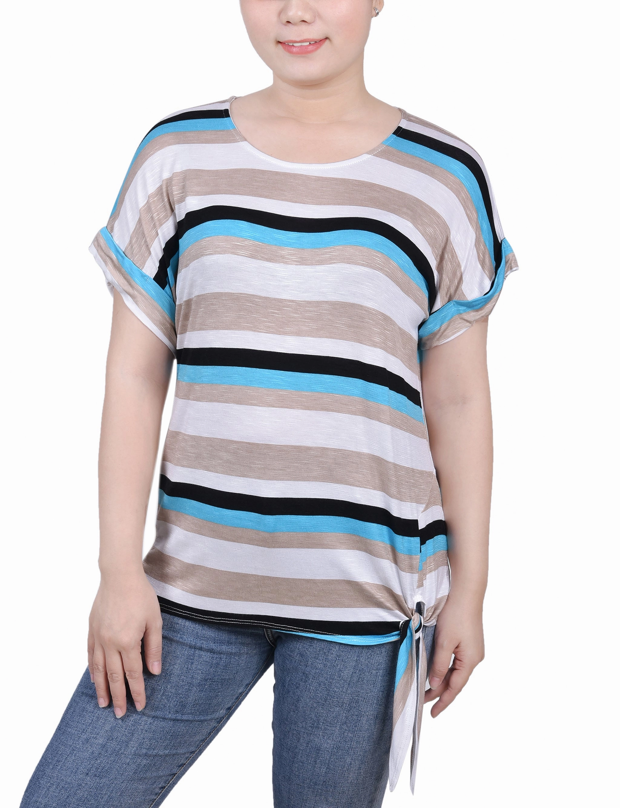 Petite Short Sleeve Tie Front Top NoRoll Hem Technology