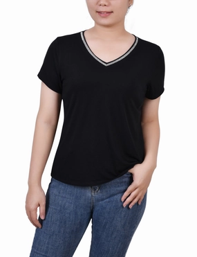 Petite Short Sleeve Top With Stone Details WaterRepellent Coating NonRestrictive Fit