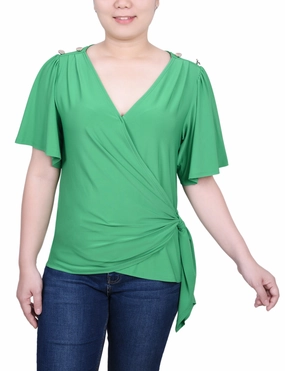 FourWayStretchFabric Petite Short Sleeve Wrap Top