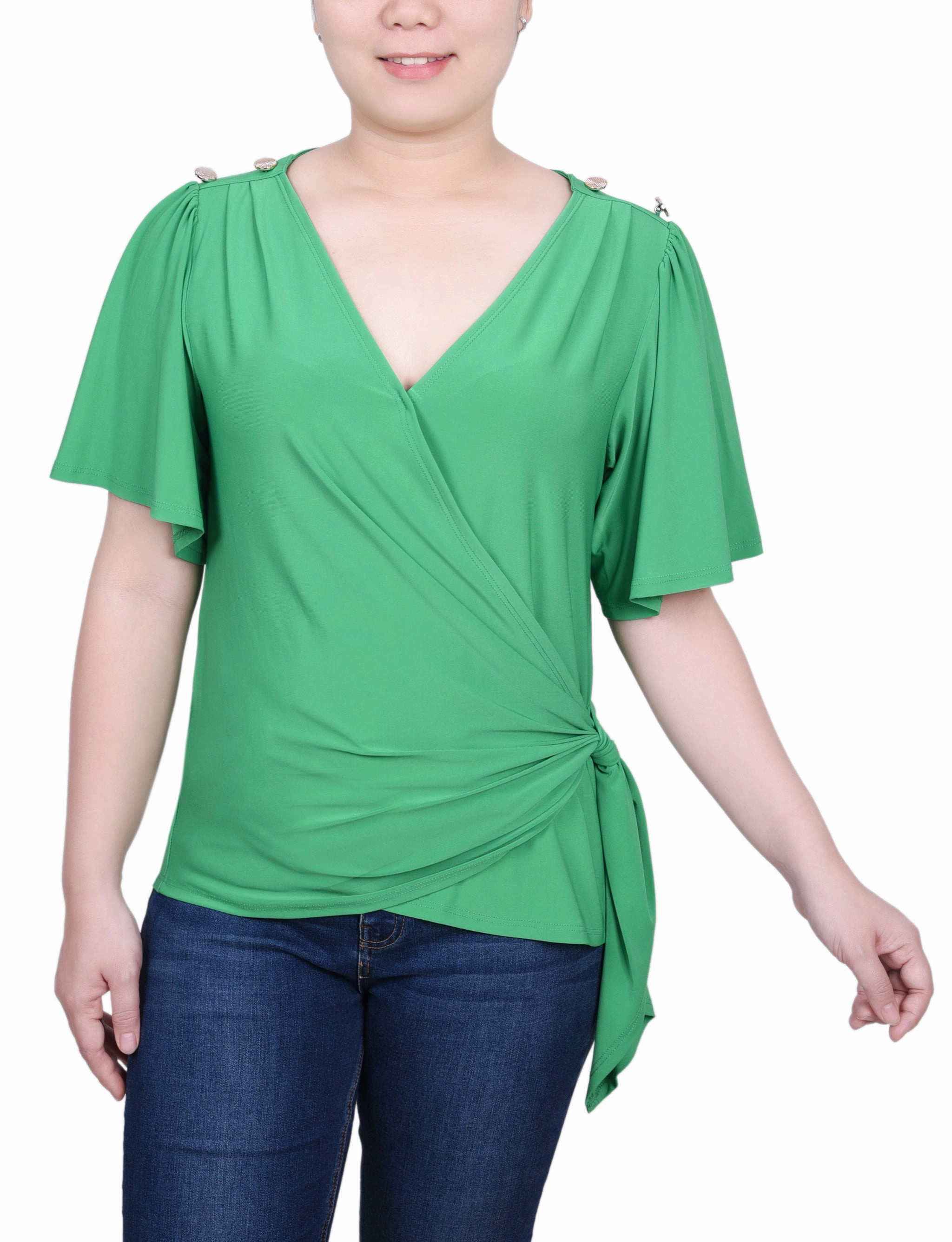 FourWayStretchFabric Petite Short Sleeve Wrap Top
