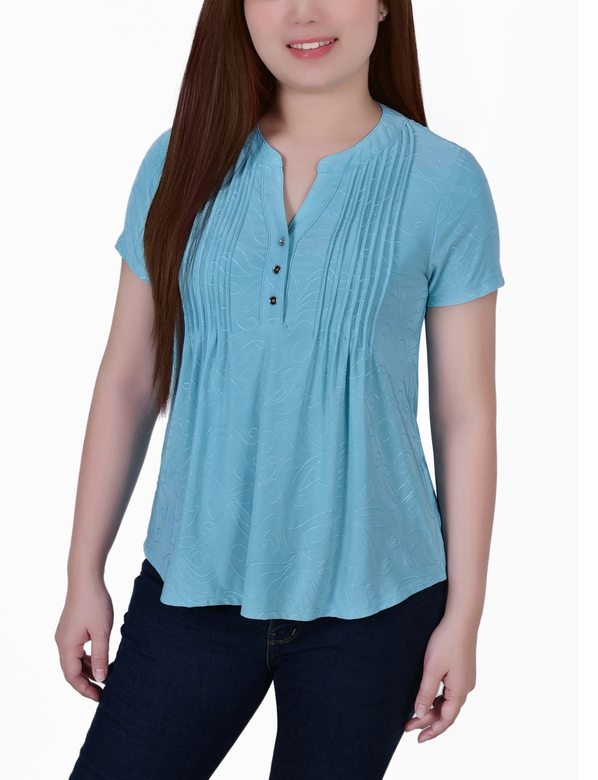 Petite Short Sleeve Y Neck Jacquard Knit Top High Thread Count Cotton Durable Overlock Stitch