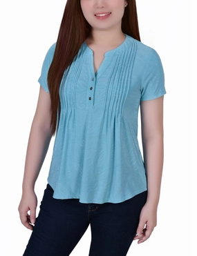 Petite Short Sleeve Y Neck Jacquard Knit Top High Thread Count Cotton Durable Overlock Stitch