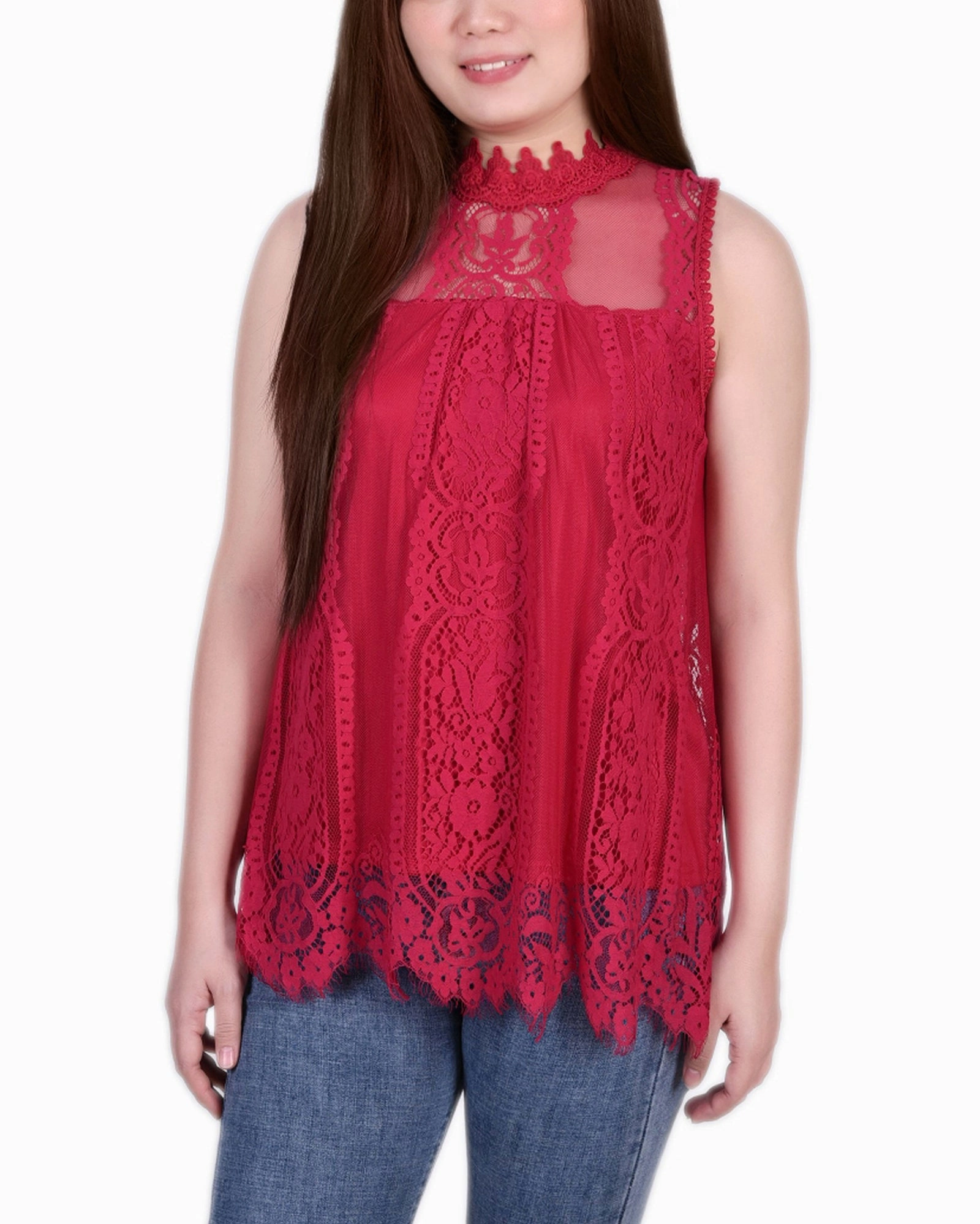 Petite Sleeveless Mock Neck Lace Top All Weather Performance Fabric Flatlock Seam Design