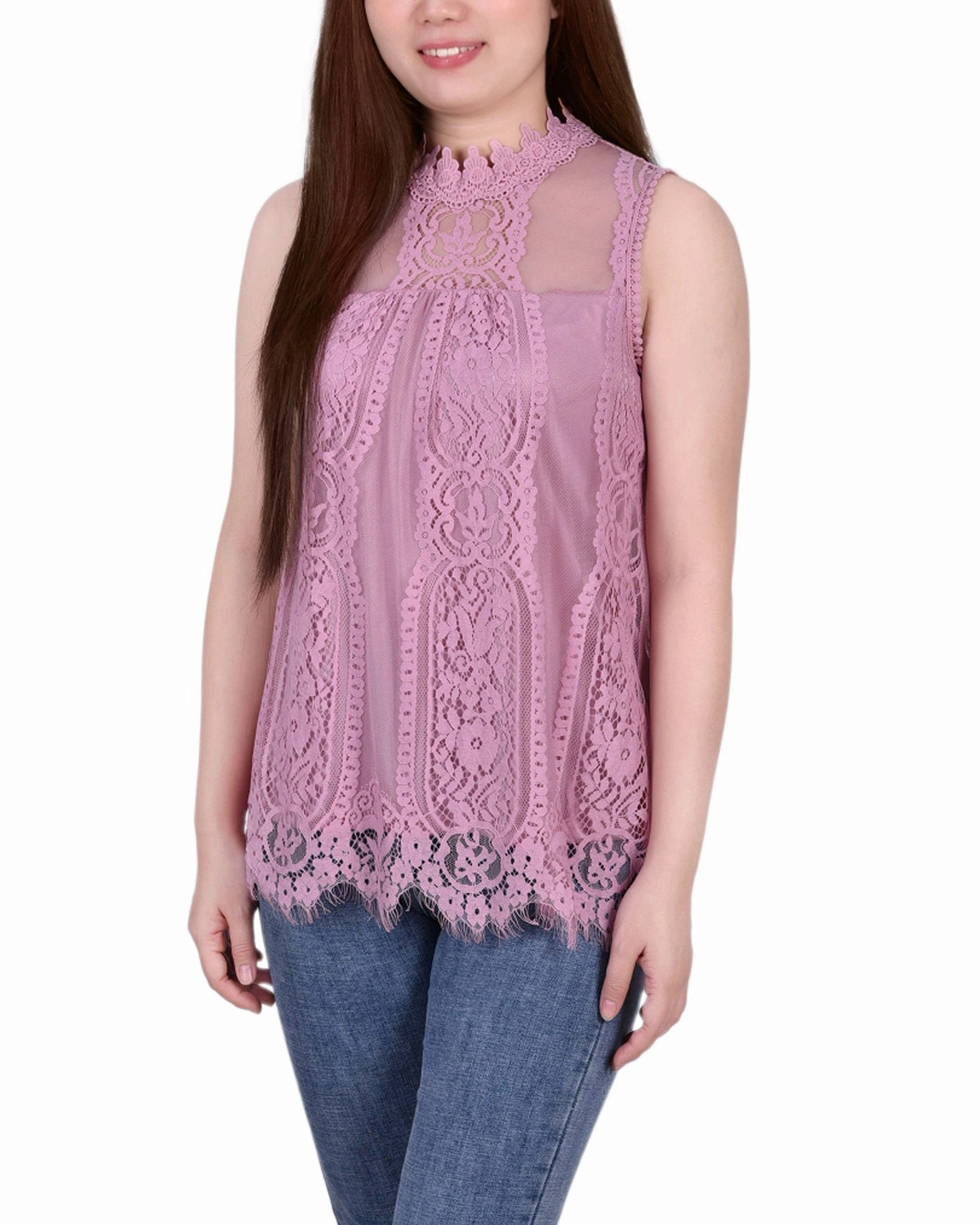 Hidden Zipper Pocket Adjustable Hem Petite Sleeveless Mock Neck Lace Top