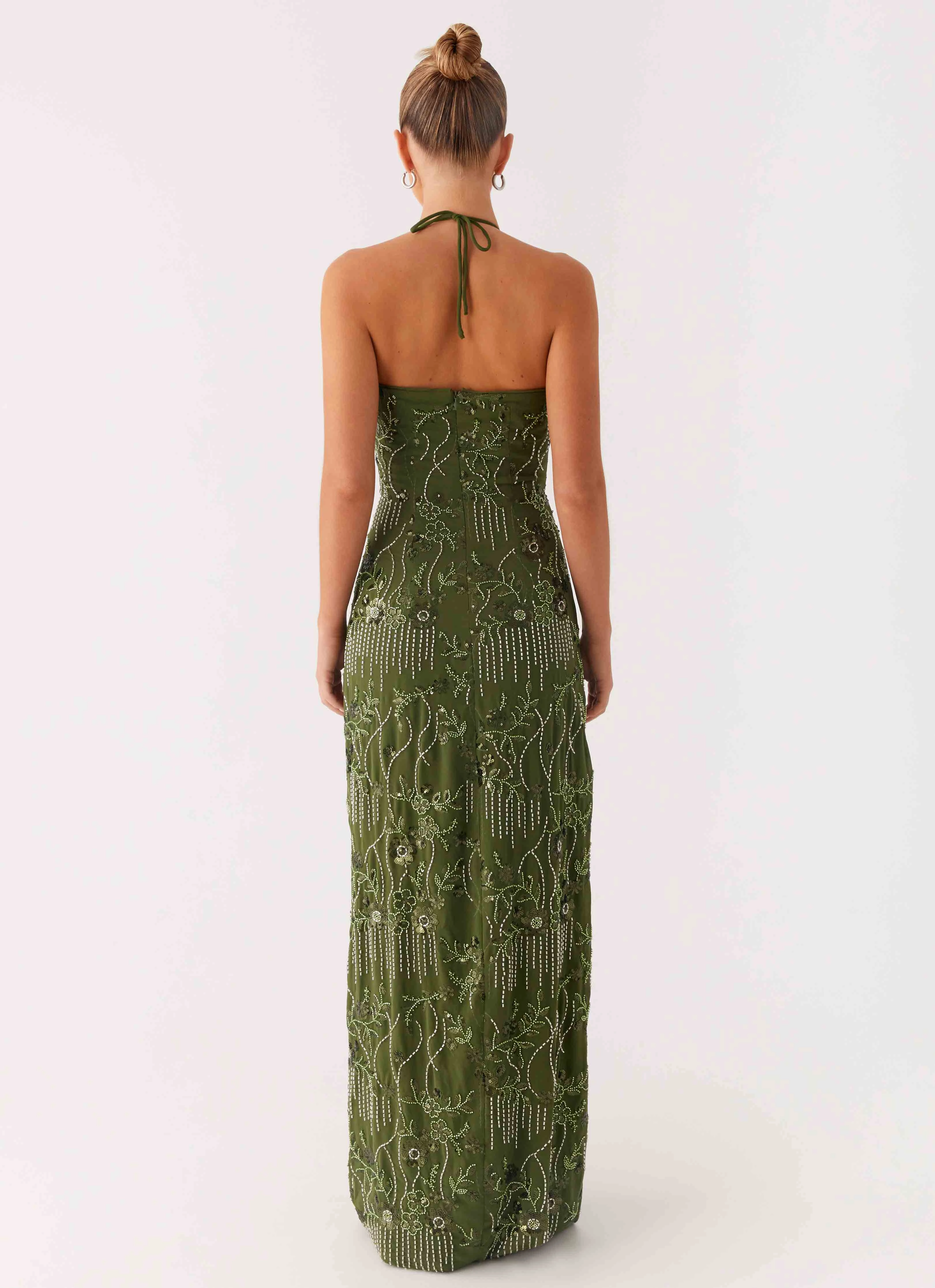 Phoenicia Beaded Maxi Dress - Khaki Evening Look