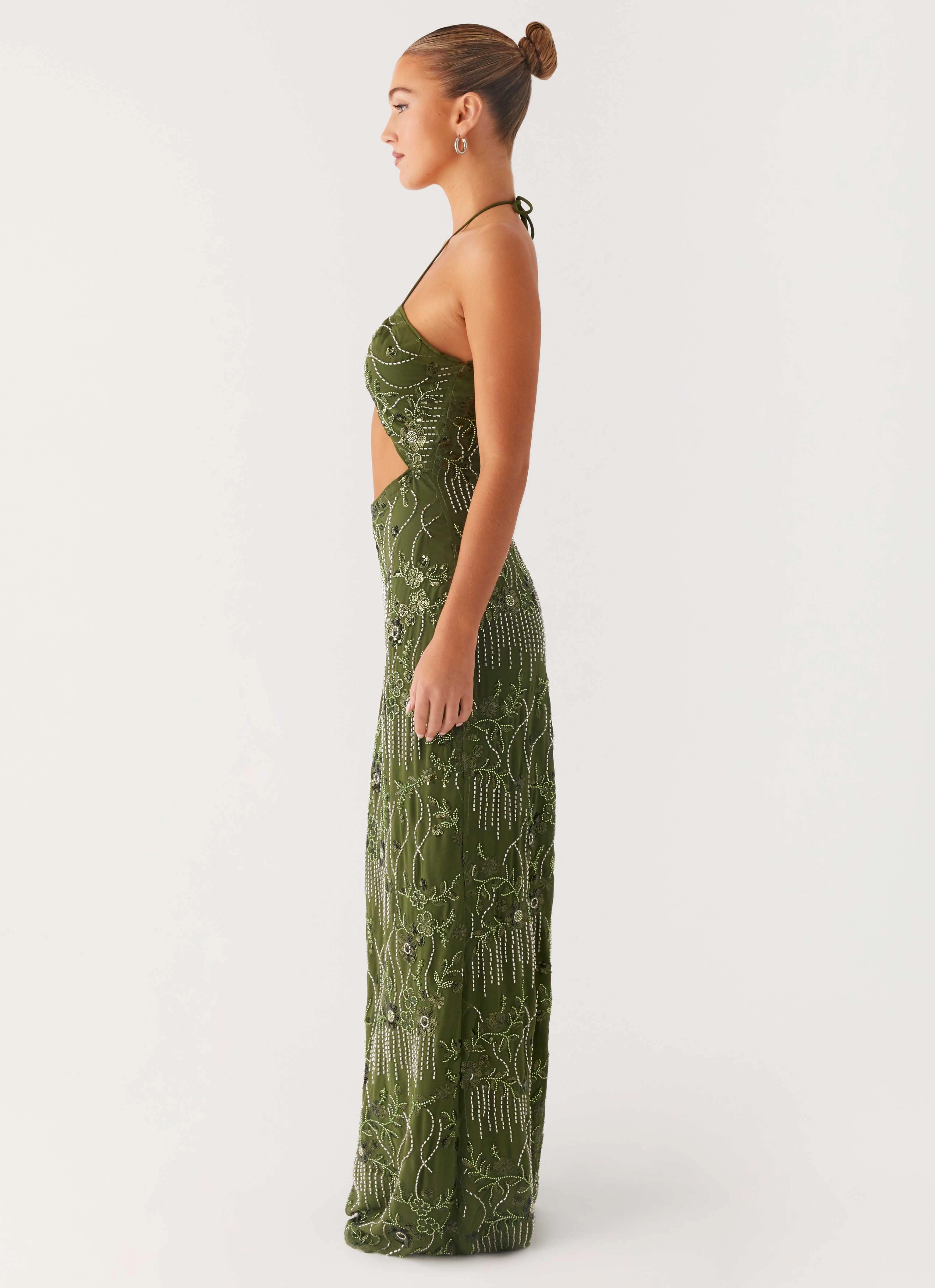 Phoenicia Beaded Maxi Dress - Khaki Form Fit Peace Glow