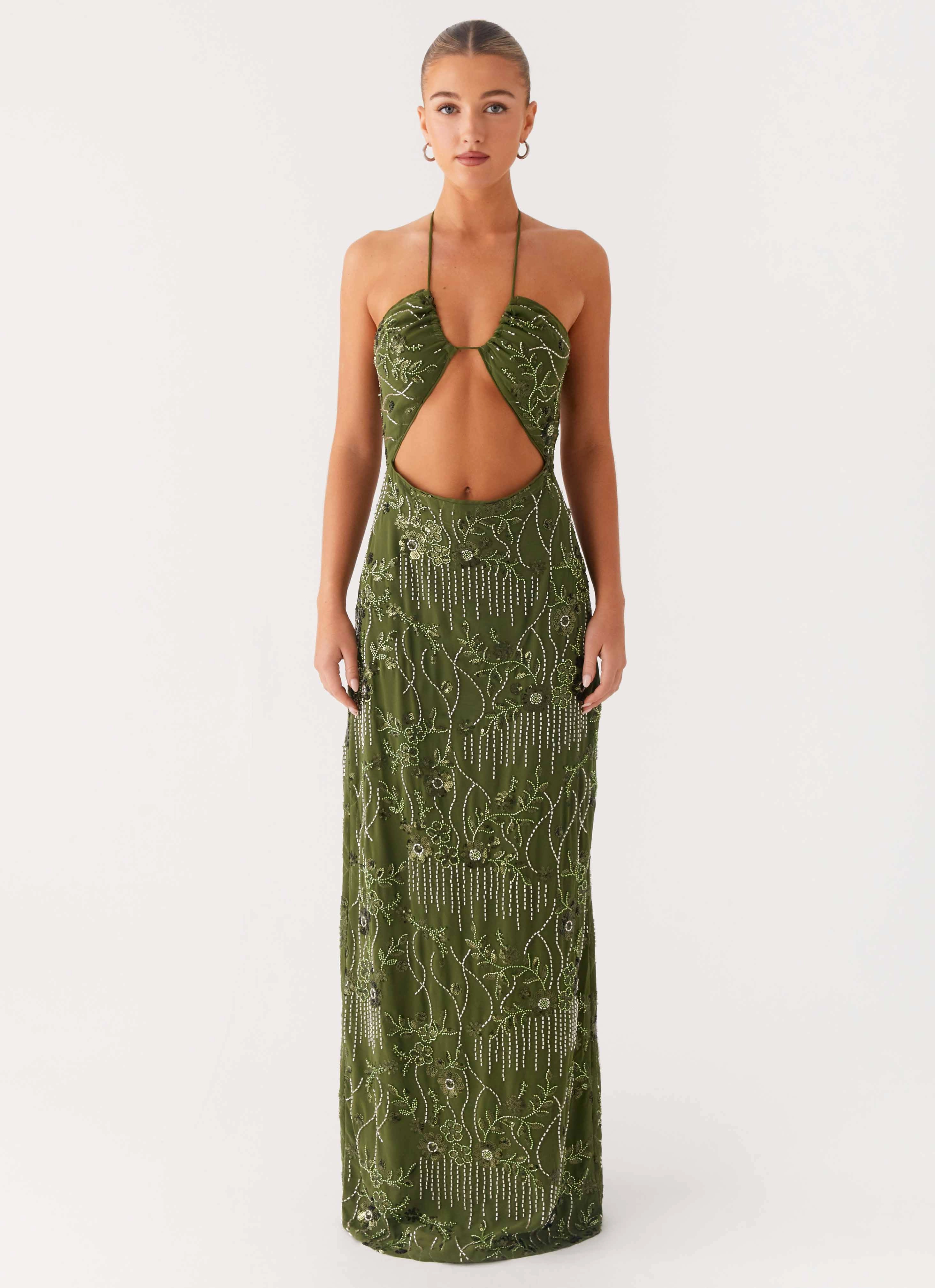 Elegant Silhouette Phoenicia Beaded Maxi Dress - Khaki