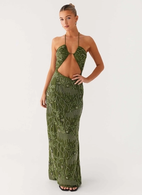 Flow Line Fine Details Phoenicia Beaded Maxi Dress - Khaki