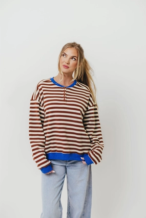 Pierce Striped Henley Pullover in Chocolate Royal SecurePockets Antimicrobial Treatment