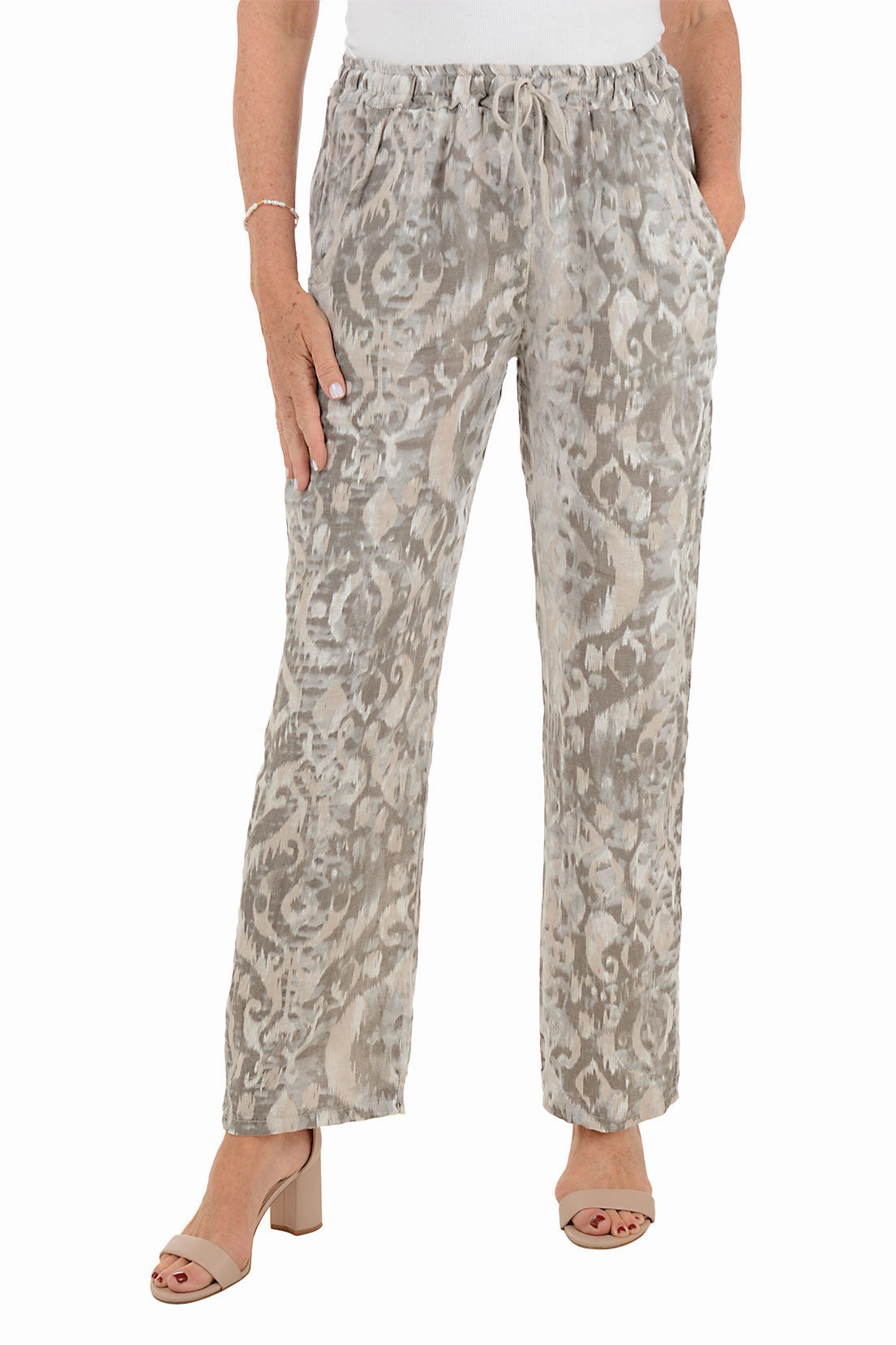 Beige Ikat Linen Pant Ripstop Texture