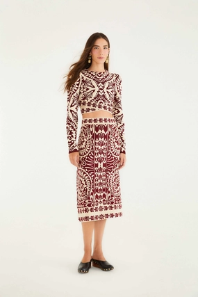 Flexible Material Runway Ready Pineapple Love Knit Midi Skirt in Burgundy