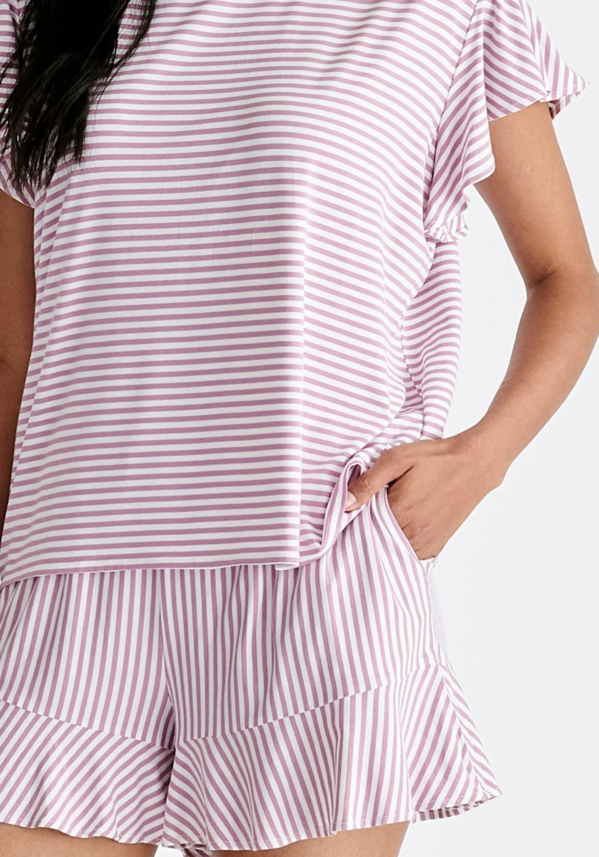 Pink and White Frill Pyjama T-Shirt Set With Matching Overnight Pouch
