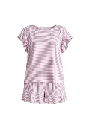 Pink and White Frill Pyjama T-Shirt Set With Matching Overnight Pouch